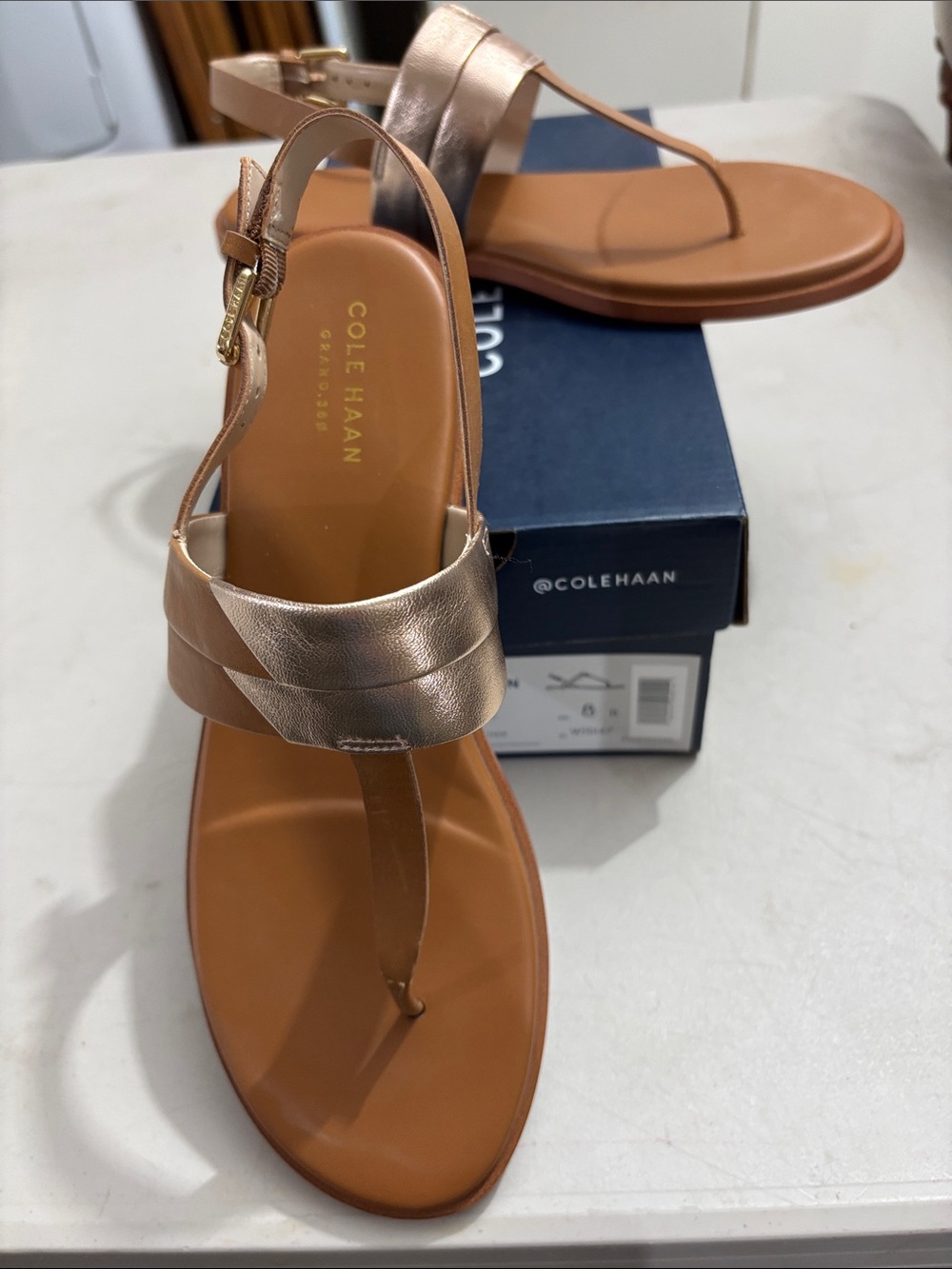 Cole Haan Metallic Rose Gold Leather T-Strap Slingback Sandal